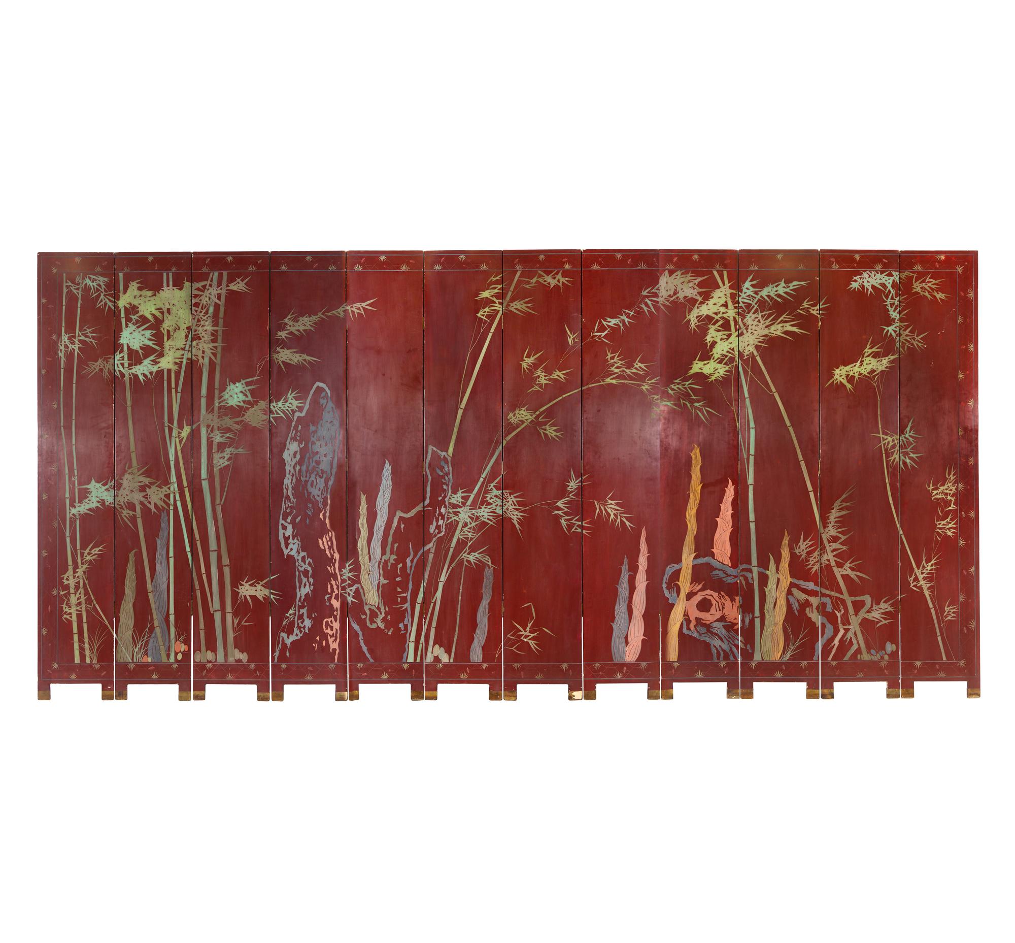 A Twelve-Panel Red Lacquered Coromandel Floor Screen