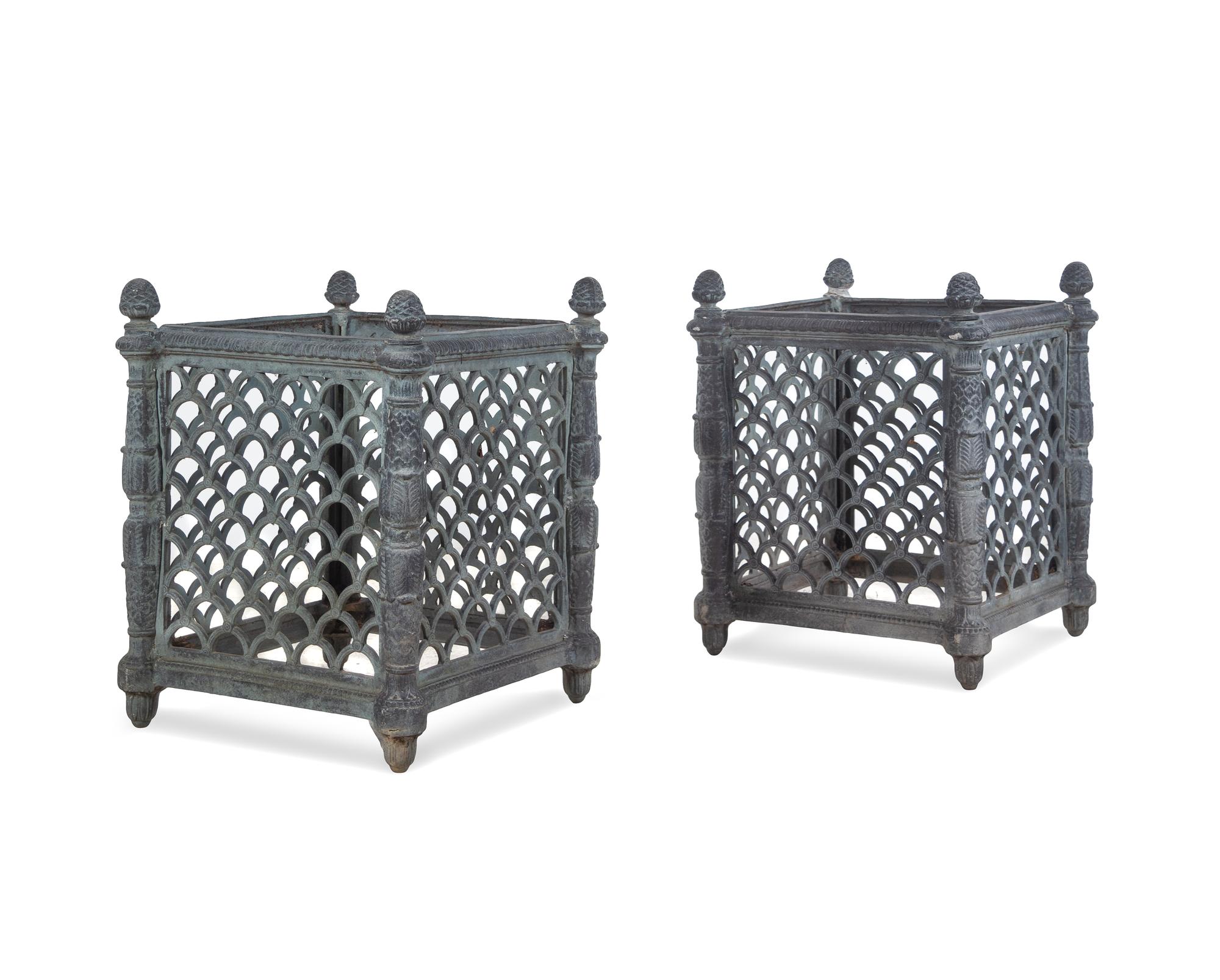 A Pair of French Style Patinated Cast Metal Rectangular Jardinières