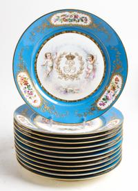 A Set of Twelve Sevres Style Porcelain Plates Diameter 9 inches.