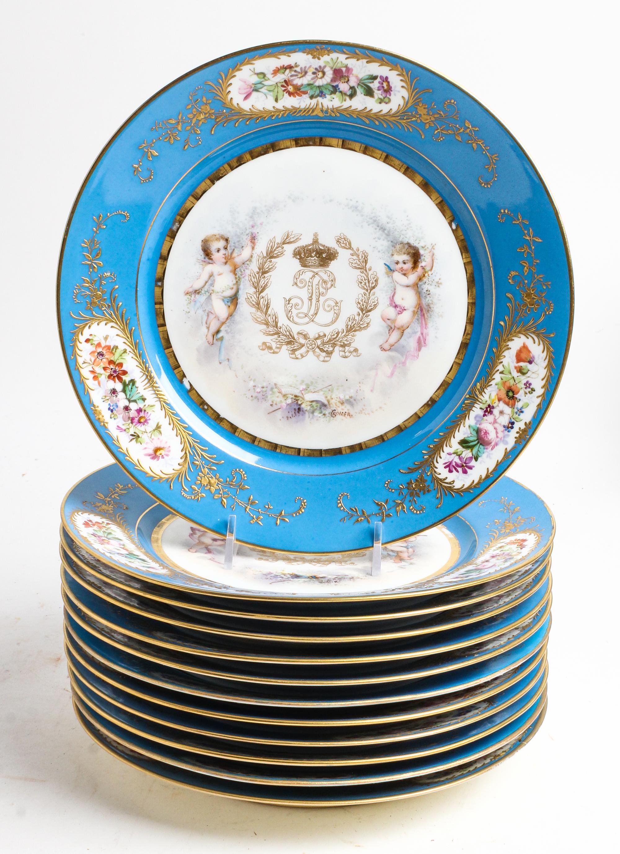 A Set of Twelve Sevres Style Porcelain Plates Diameter 9 inches.
