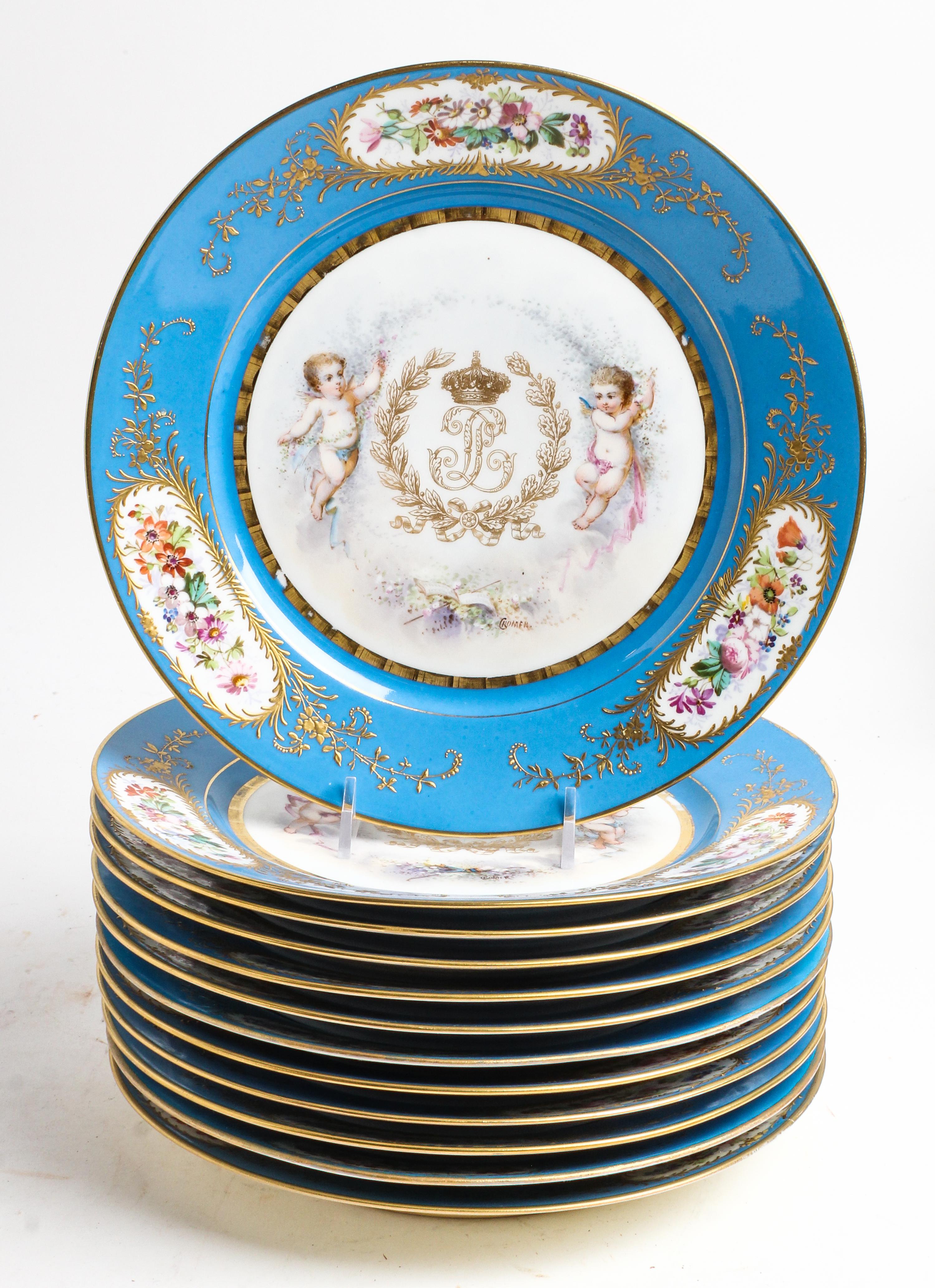 A Set of Twelve Sevres Style Porcelain Plates Diameter 9 inches.
