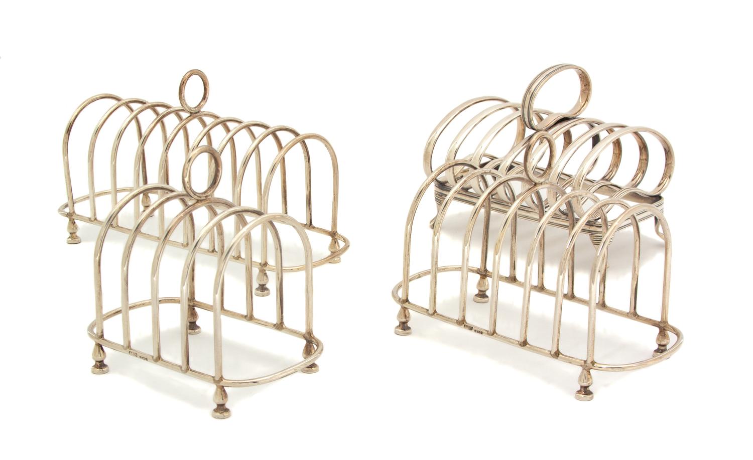 Three English Silver Toast Racks and One Silver Plate, Birmingham, 1991,