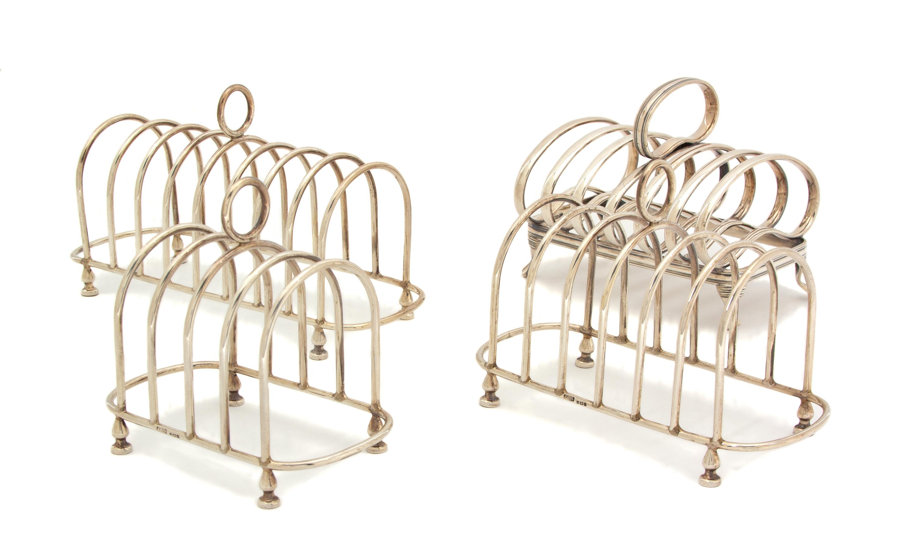 Three English Silver Toast Racks and One Silver Plate, Birmingham, 1991,