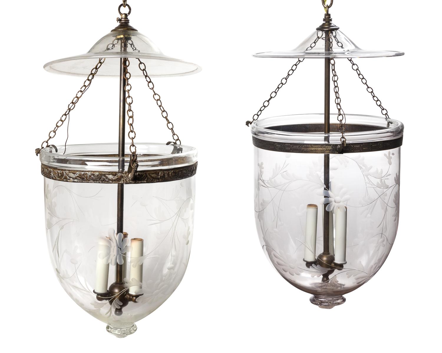 A Pair of Etched Glass Three-Light Hall Lanterns Diameter of larger 12 inches.