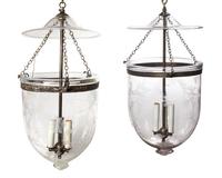 A Pair of Etched Glass Three-Light Hall Lanterns Diameter of larger 12 inches.
