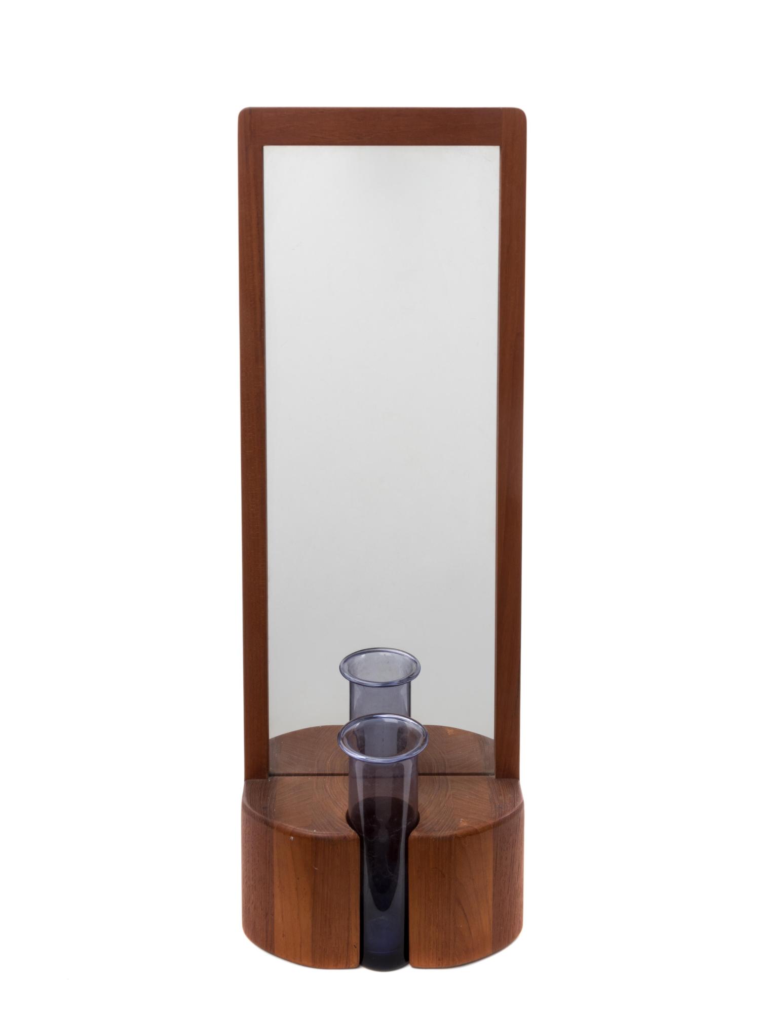 Teak Framed Mirror with Glass Bud Vase