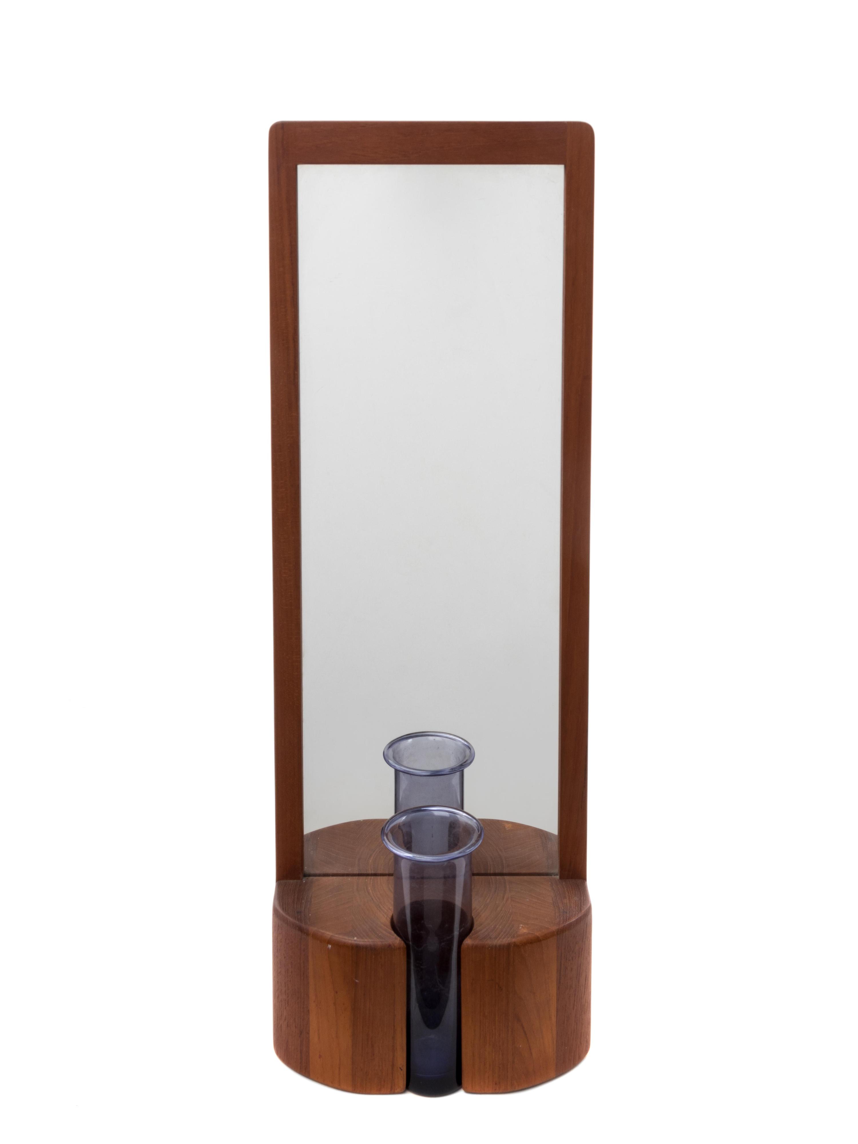 Teak Framed Mirror with Glass Bud Vase