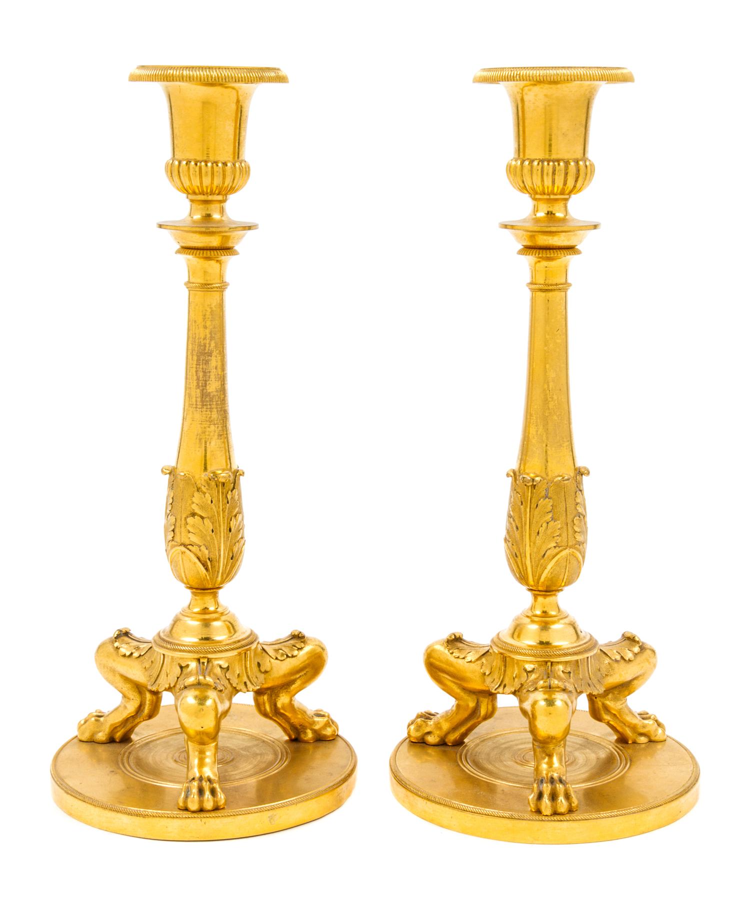 A Pair of English Gilt Bronze Candlesticks Height of each 11 inches. — LATE 19TH/EARLY 20TH CENTURY