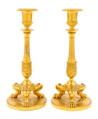 A Pair of English Gilt Bronze Candlesticks Height of each 11 inches. — LATE 19TH/EARLY 20TH CENTURY