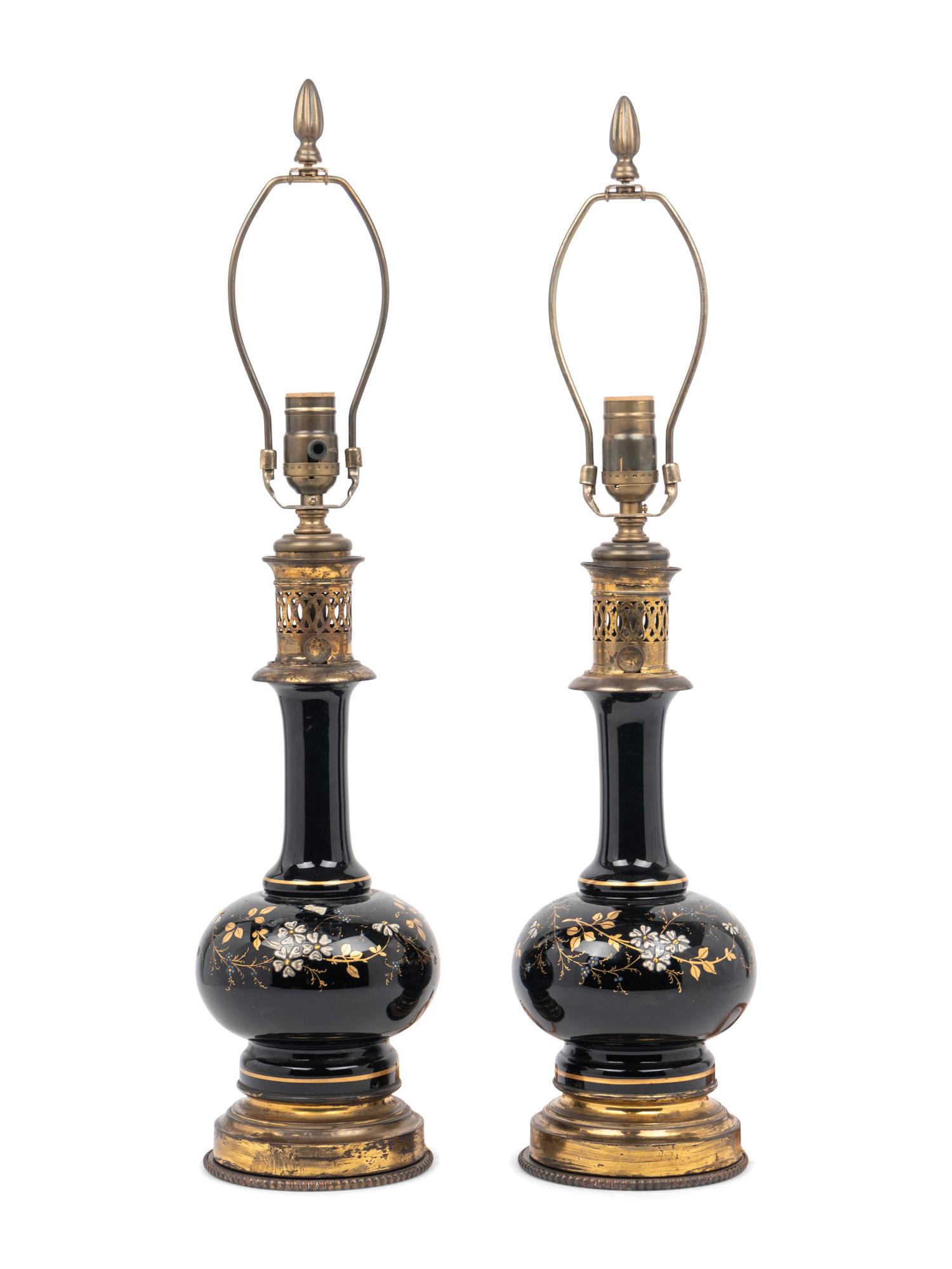 A Pair of French Enameled Glass Fluid Lamps Converted to Electricity