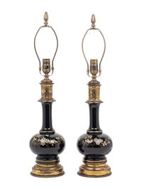 A Pair of French Enameled Glass Fluid Lamps Converted to Electricity
