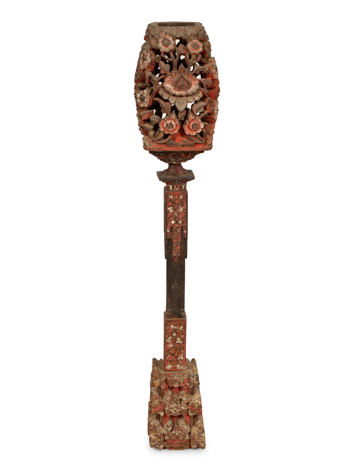 A Chinese Carved and Polychromed Wood Torchère