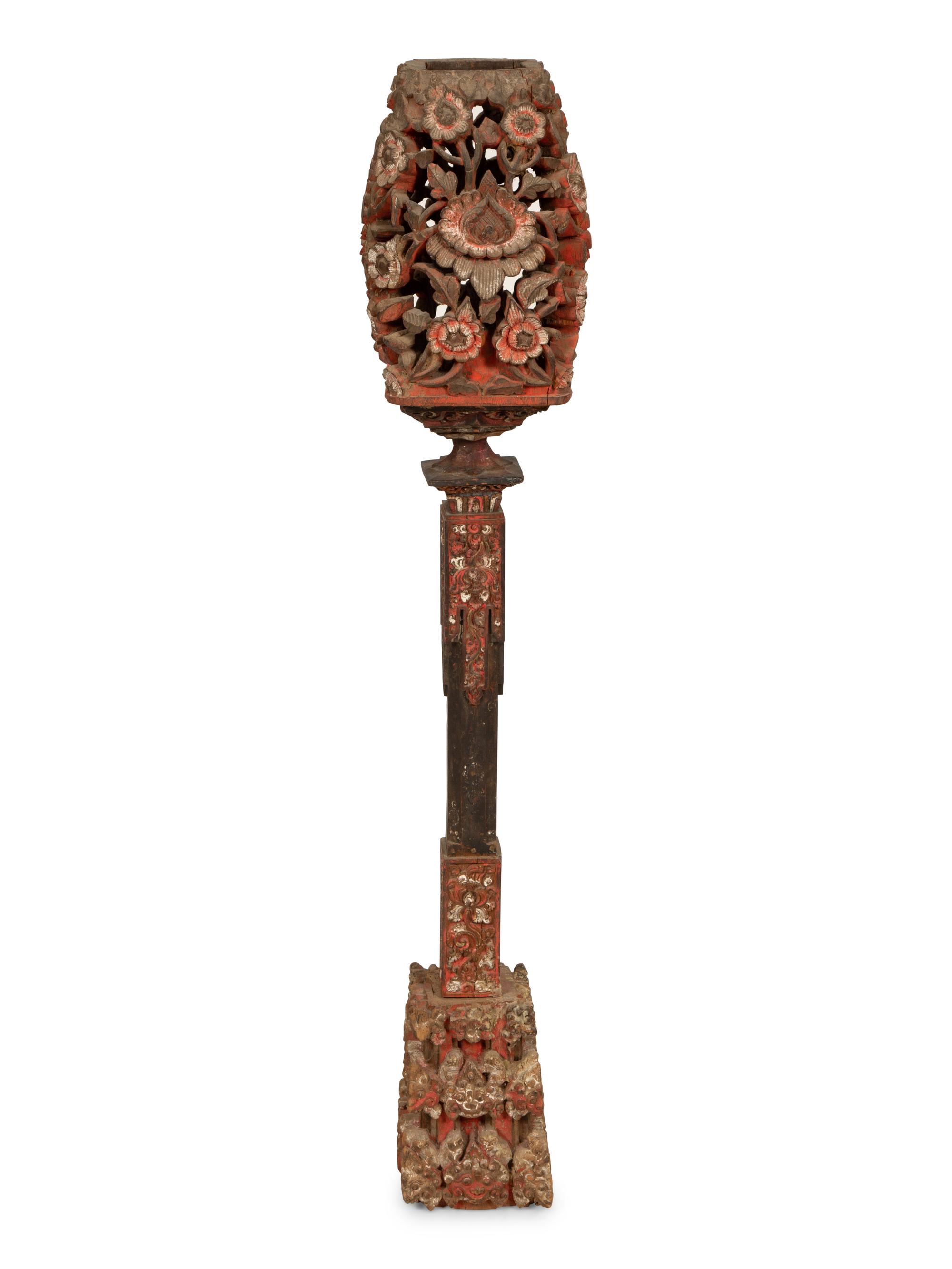 A Chinese Carved and Polychromed Wood Torchère