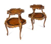 A Pair of Rococo Revival Carved Walnut and Marquetry Two-Tier Tables