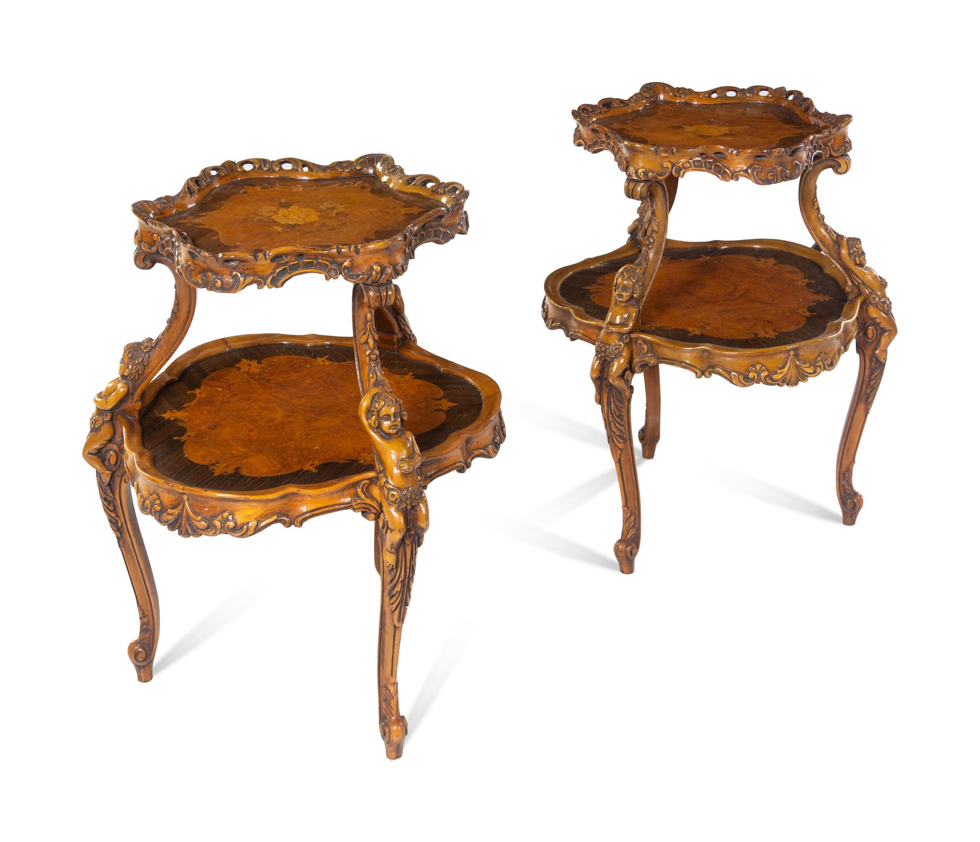 A Pair of Rococo Revival Carved Walnut and Marquetry Two-Tier Tables