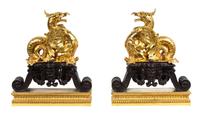 A Pair of French Parcel-Gilt and Patinated Bronze Dragon-Form Chenets Height 20 x width 16 1/2 inches. — LATE 19TH CENTURY/EARLY 20TH CENTURY