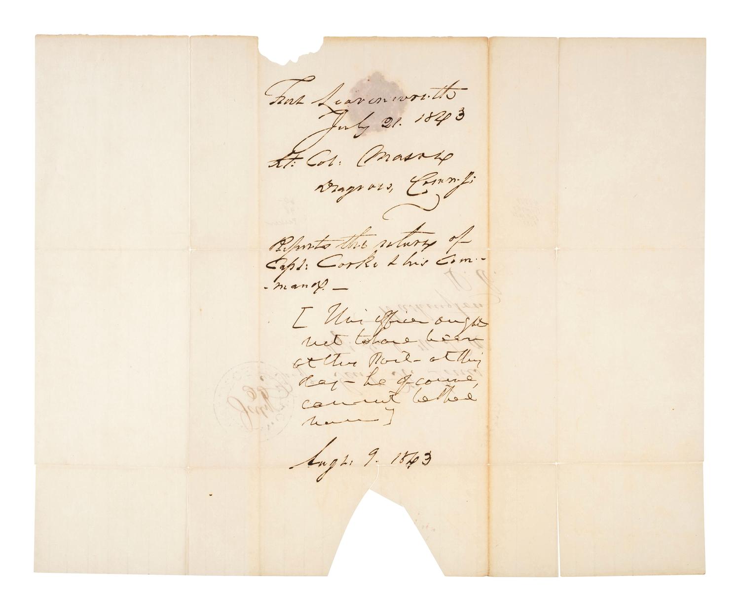[LEAVENWORTH]. A group of 4 stampless covers addressed to Adjutant General Robert Jones in Washington, DC, including two with 1840s Fort Leavenworth cancellations, comprising: