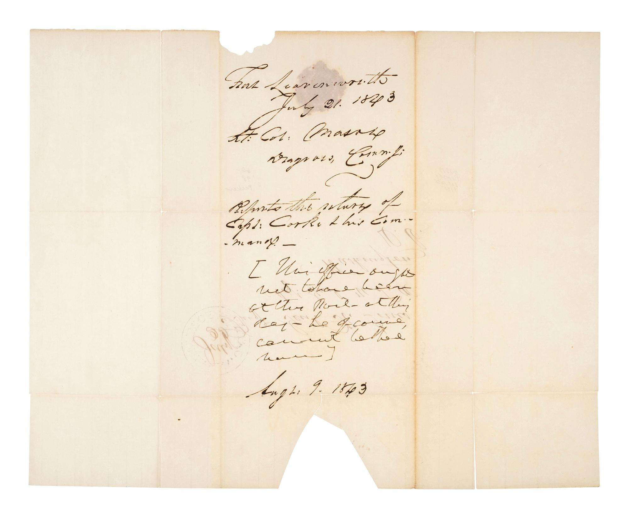 [LEAVENWORTH]. A group of 4 stampless covers addressed to Adjutant General Robert Jones in Washington, DC, including two with 1840s Fort Leavenworth cancellations, comprising: