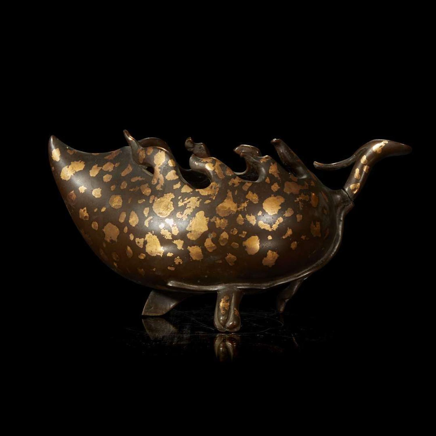 A Chinese gilt-splashed bronze "Buddha's-hand" citron-form open vessel 洒金地佛手形铜香炉 Qing Dynasty ?