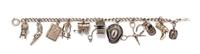 A Sterling Silver Charm Bracelet with 11 Attached Sterling Silver and Base Metal Articulated Charms, 13.40 dwts.