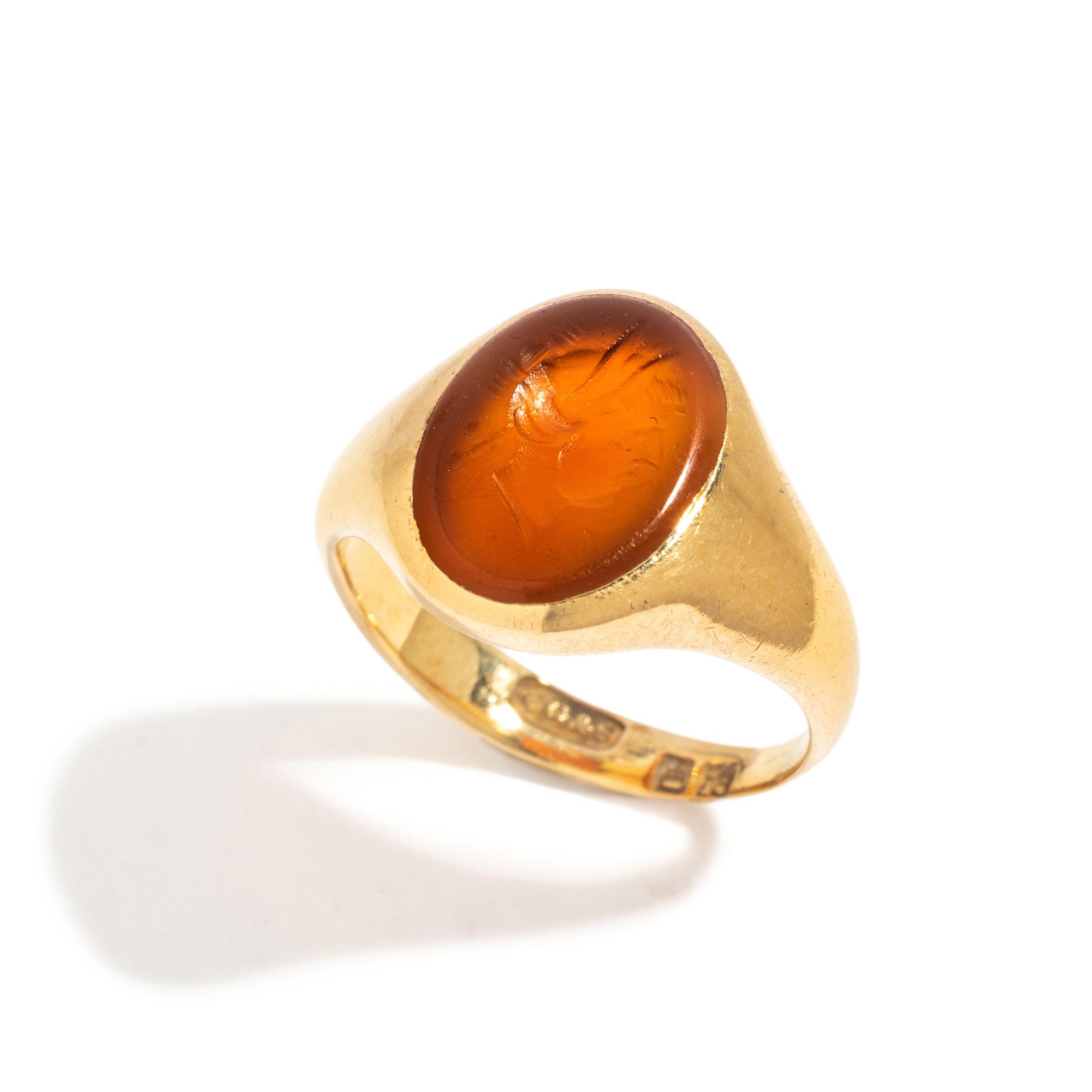 A Neoclassical Gold and Carnelian Finger Ring with the Bust of a Deity — Hallmarks stamped on the inside