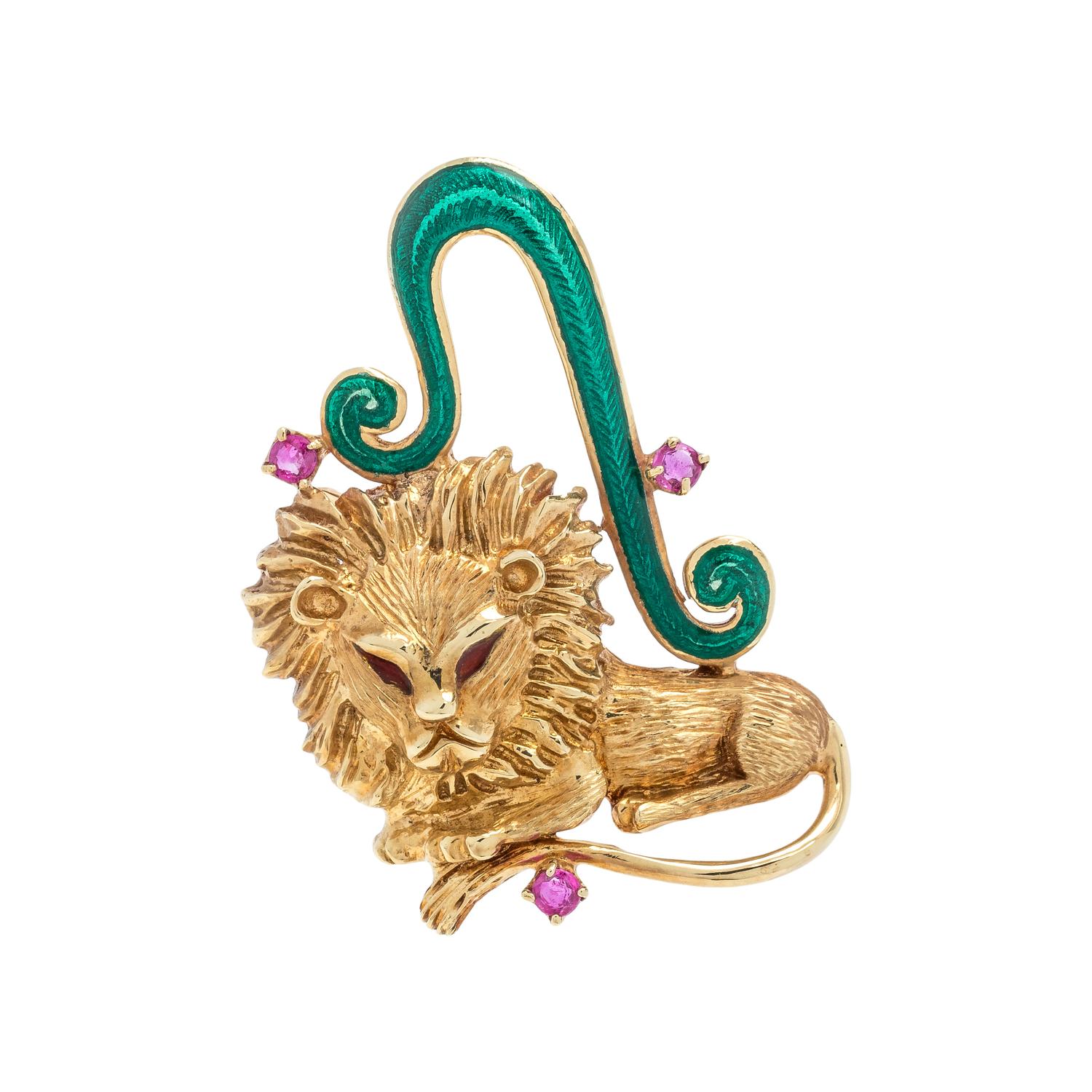 YELLOW GOLD, RUBY AND ENAMEL LION BROOCH