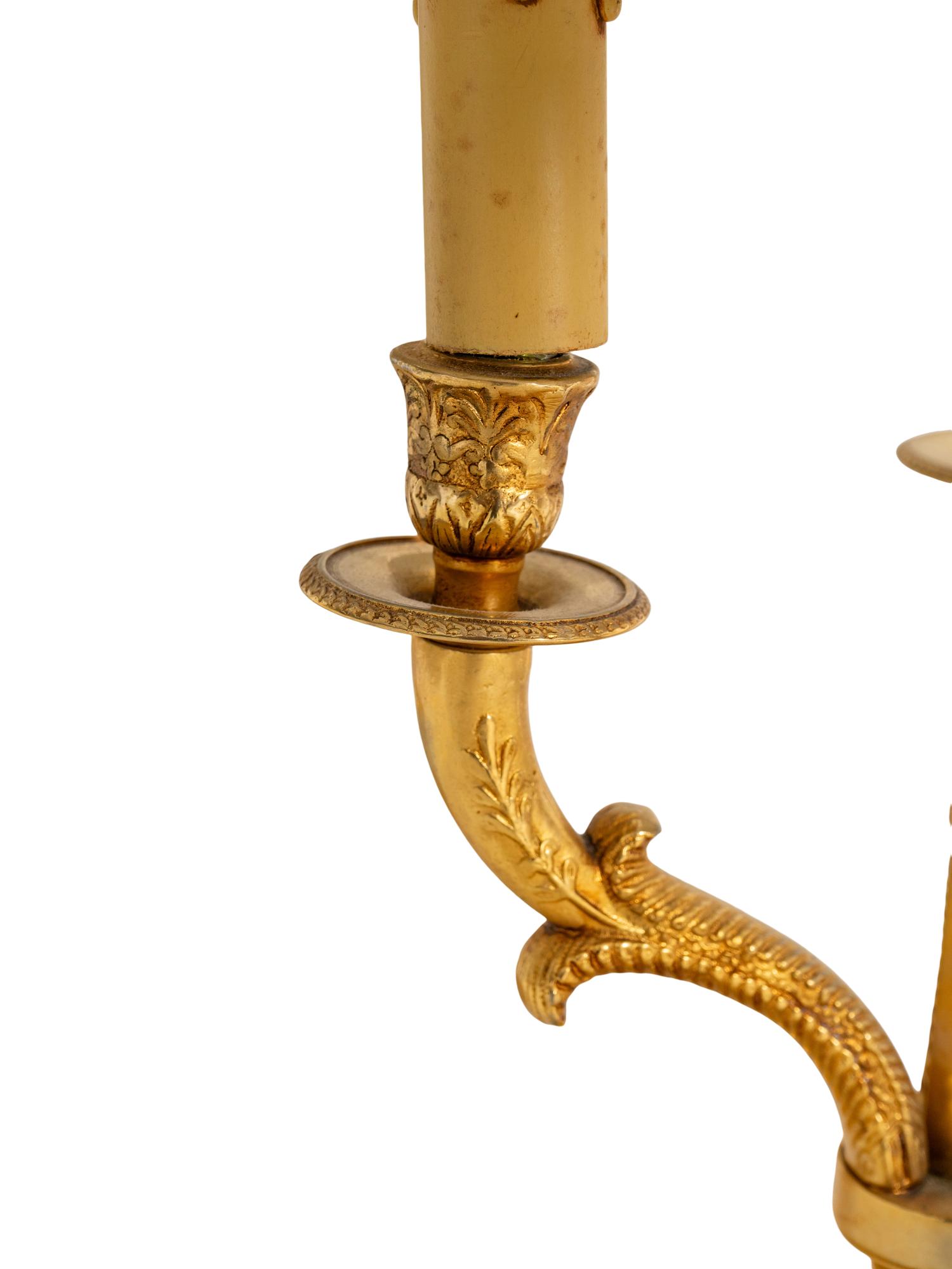 A Pair of Gilt Metal Bouillotte Lamps with Green Tole Shades