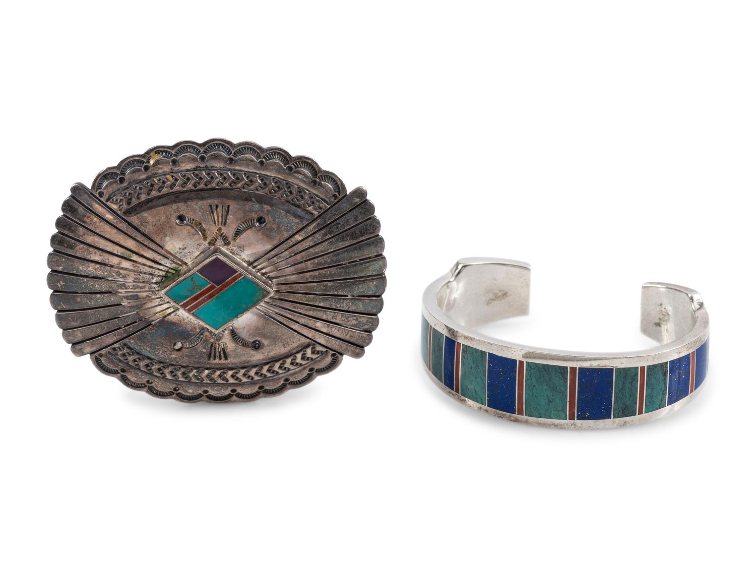 Sterling Silver Belt Buckle and Cuff Bracelet, with Inlay