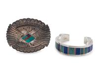 Sterling Silver Belt Buckle and Cuff Bracelet, with Inlay