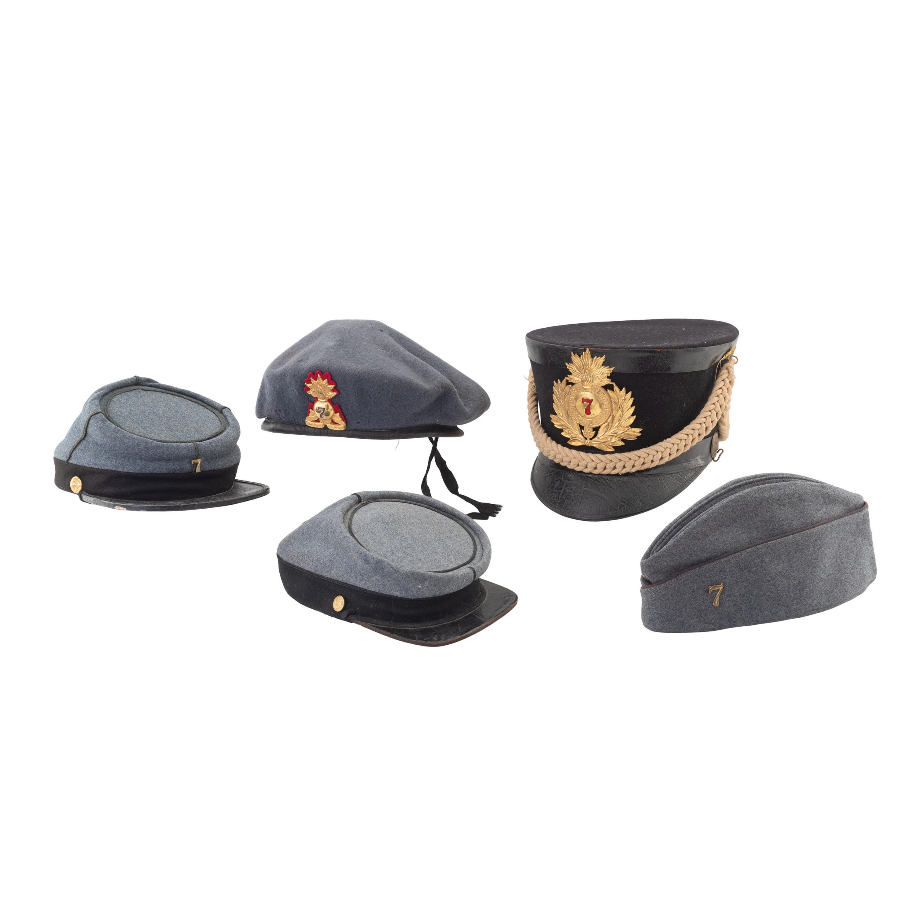 [Militaria] Assorted hats, devices, and buttons identified to the 7th New York State Militia and National Guard.