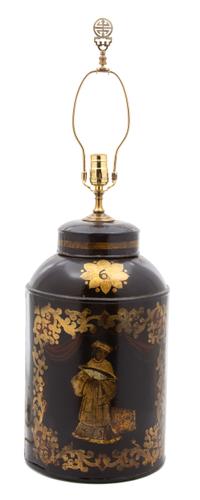 An English Chinoiserie Tole Painted Tea Cannister Table Lamp Height 32 inches — 19TH CENTURY