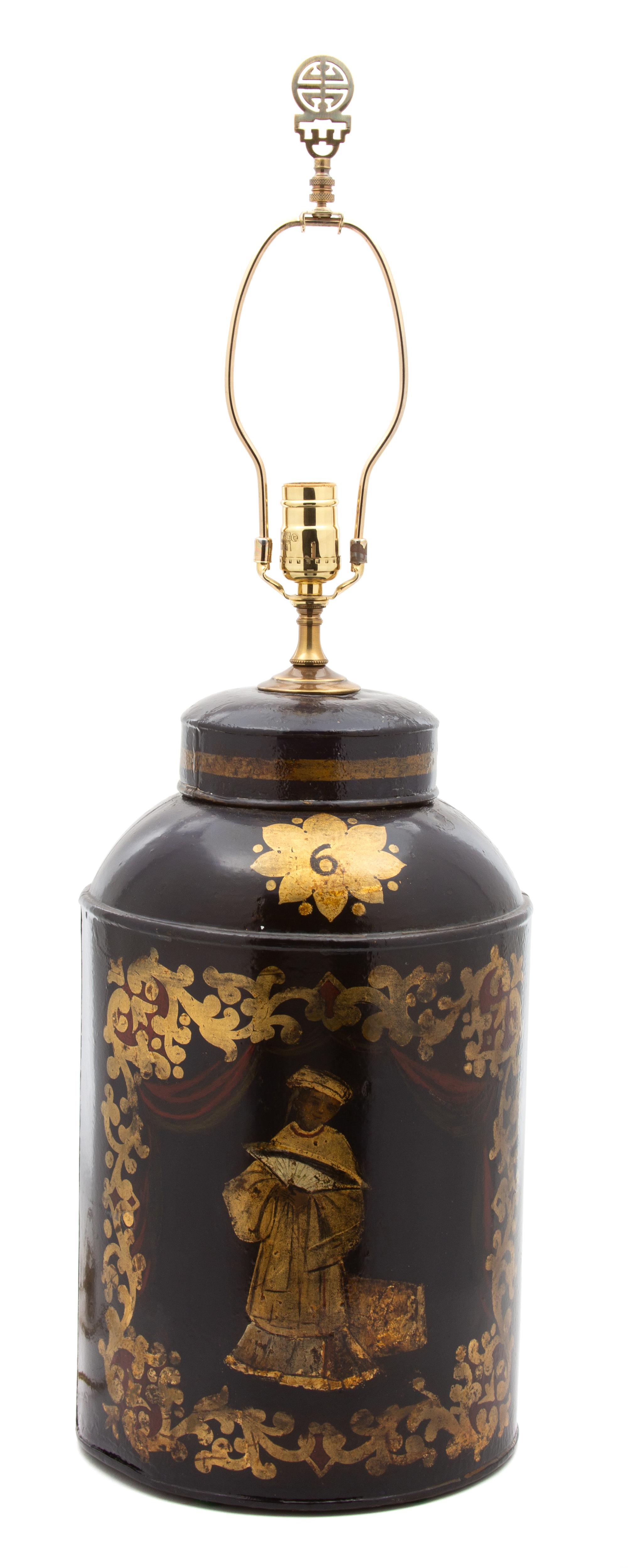 An English Chinoiserie Tole Painted Tea Cannister Table Lamp Height 32 inches — 19TH CENTURY
