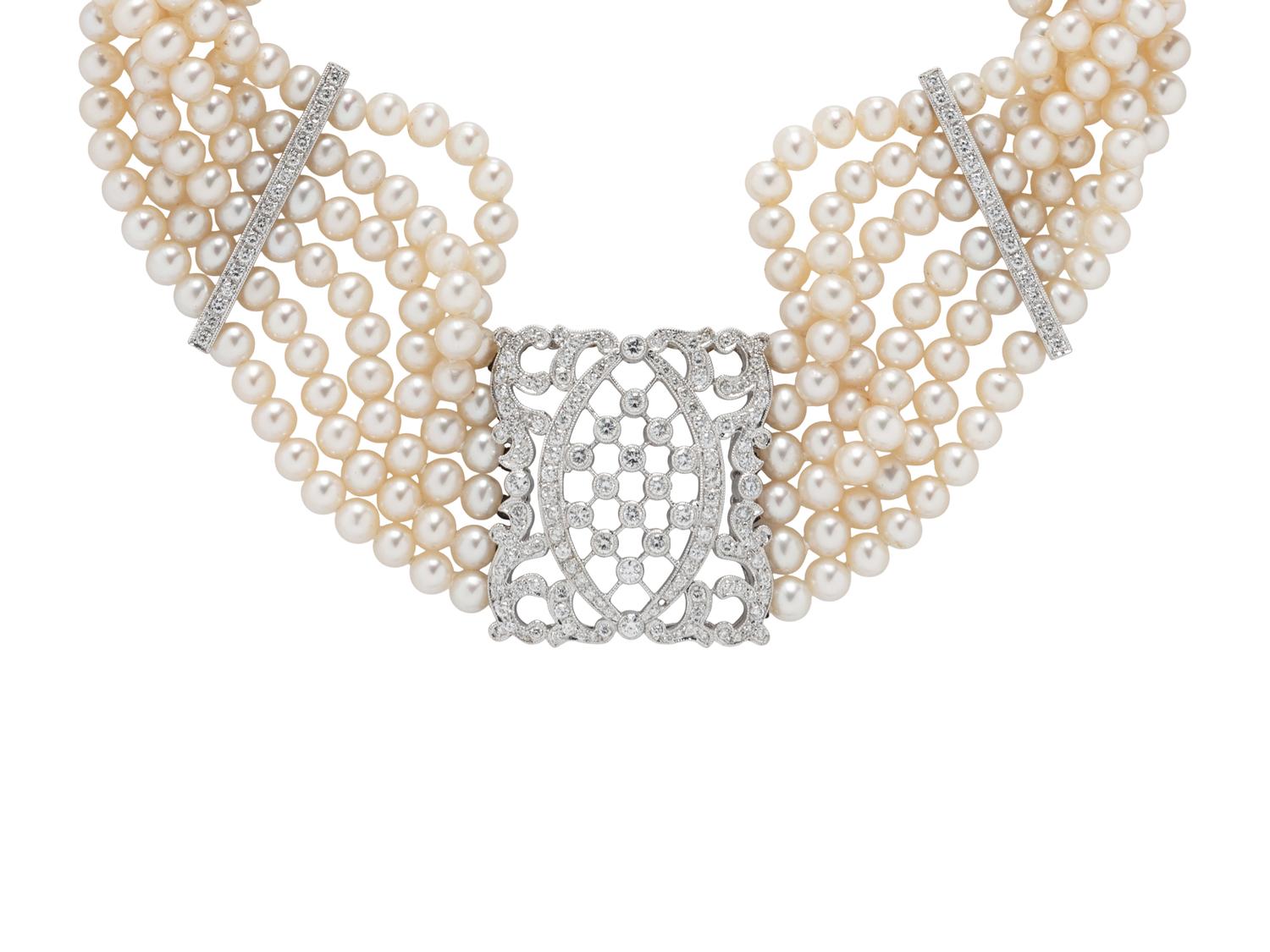MULTISTRAND CULTURED PEARL AND DIAMOND CHOKER