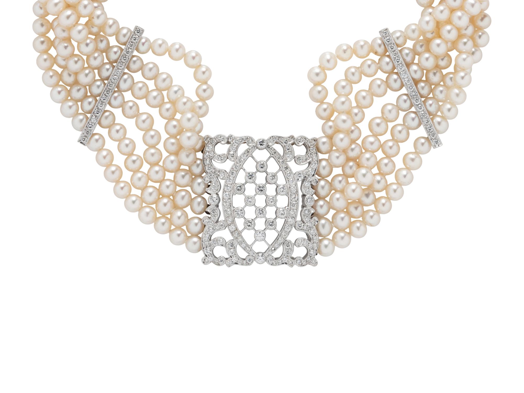 MULTISTRAND CULTURED PEARL AND DIAMOND CHOKER
