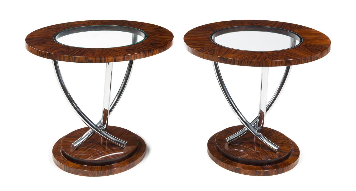 A Pair of Art Deco Rosewood, Chrome and Glass Occasional Tables Height 24 x diameter 20 1/2 inches