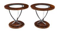 A Pair of Art Deco Rosewood, Chrome and Glass Occasional Tables Height 24 x diameter 20 1/2 inches