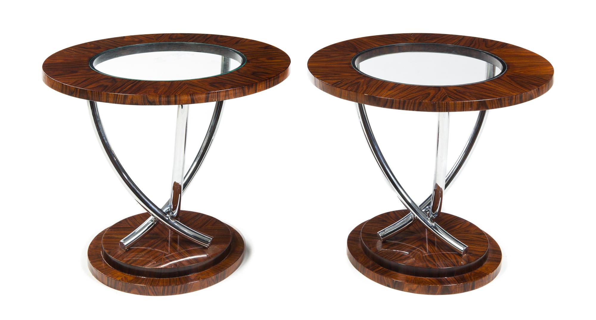 A Pair of Art Deco Rosewood, Chrome and Glass Occasional Tables Height 24 x diameter 20 1/2 inches
