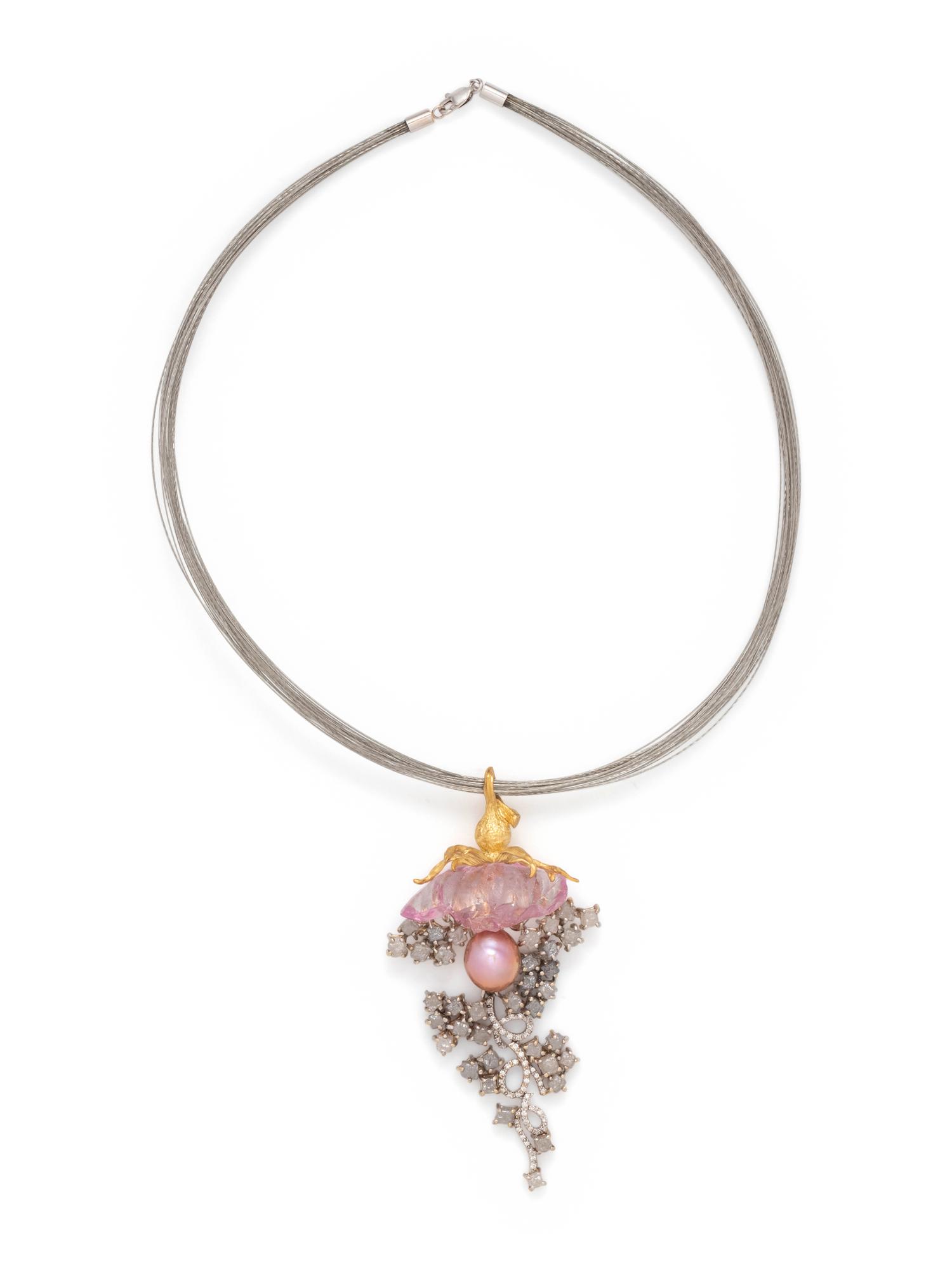 ANGELA CONTY, ROUGH KUNZITE, PINK PEARL AND ROUGH DIAMOND PENDANT/NECKLACE