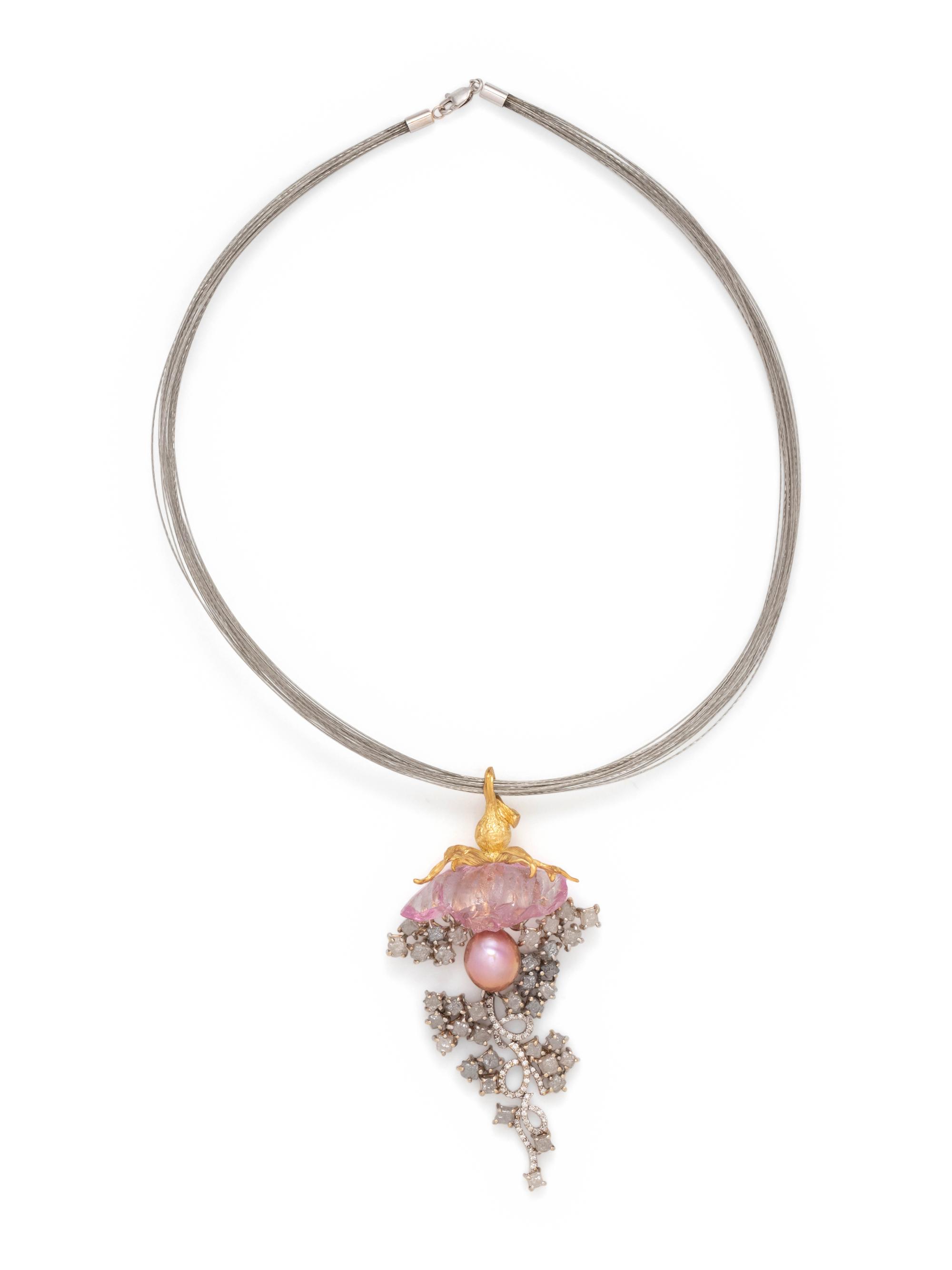 ANGELA CONTY, ROUGH KUNZITE, PINK PEARL AND ROUGH DIAMOND PENDANT/NECKLACE