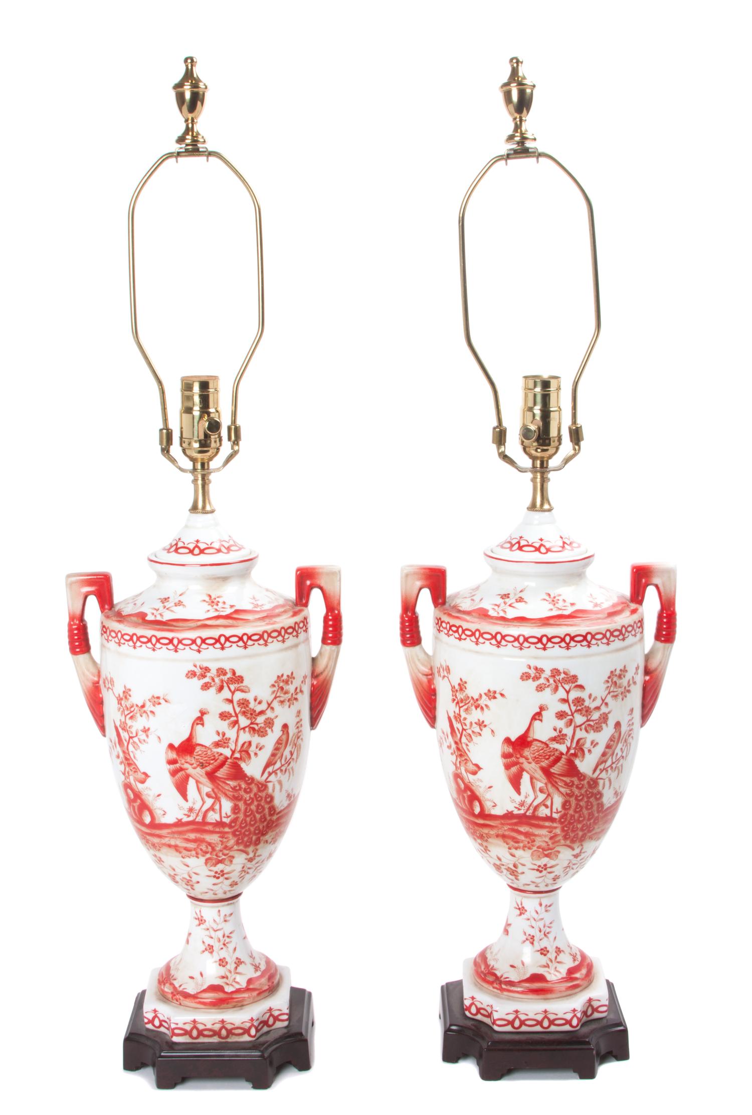 A Pair of Chinese Export Style Porcelain Lamps Height overall 32 1/4 inches.