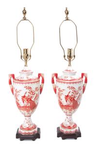 A Pair of Chinese Export Style Porcelain Lamps Height overall 32 1/4 inches.