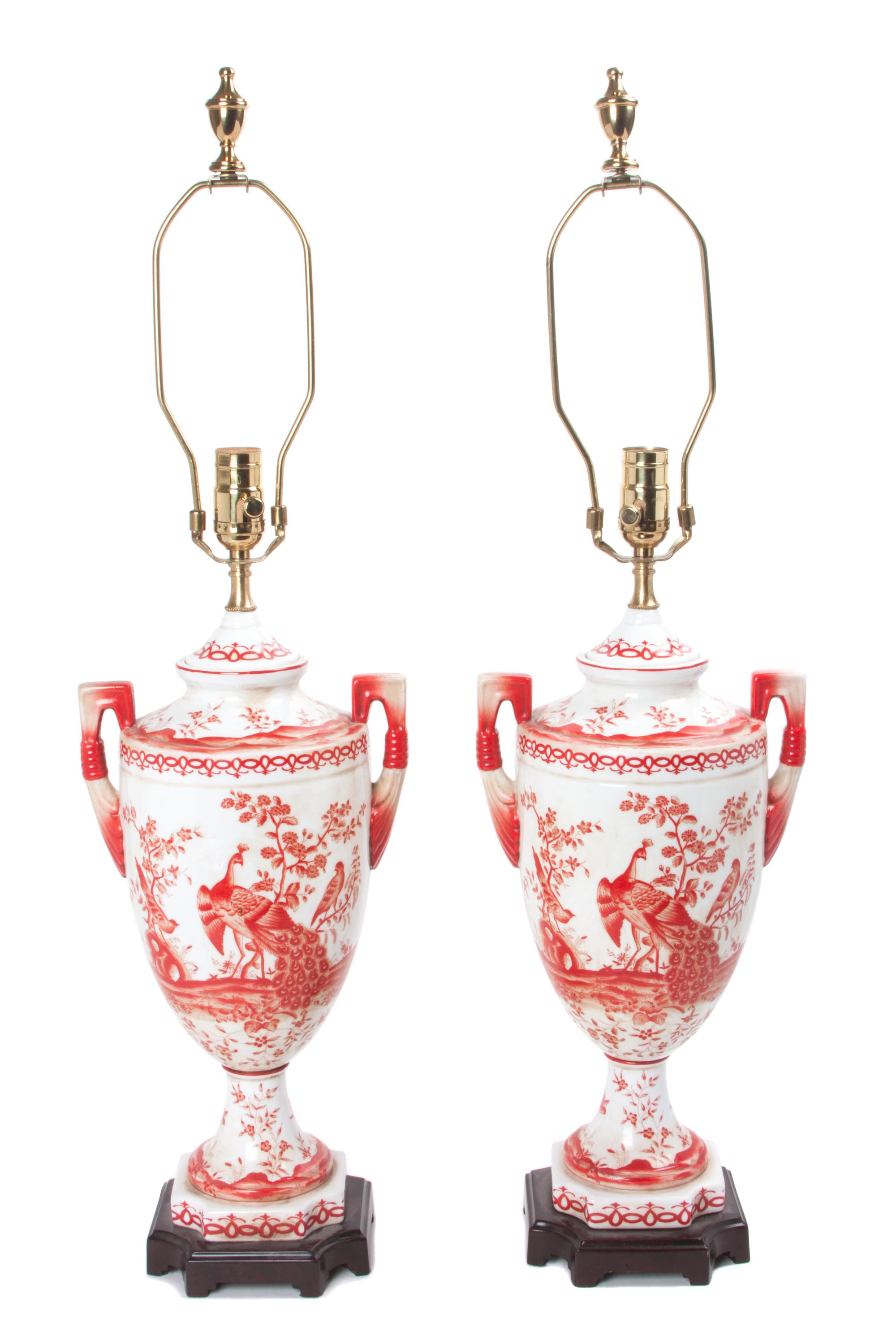 A Pair of Chinese Export Style Porcelain Lamps Height overall 32 1/4 inches.