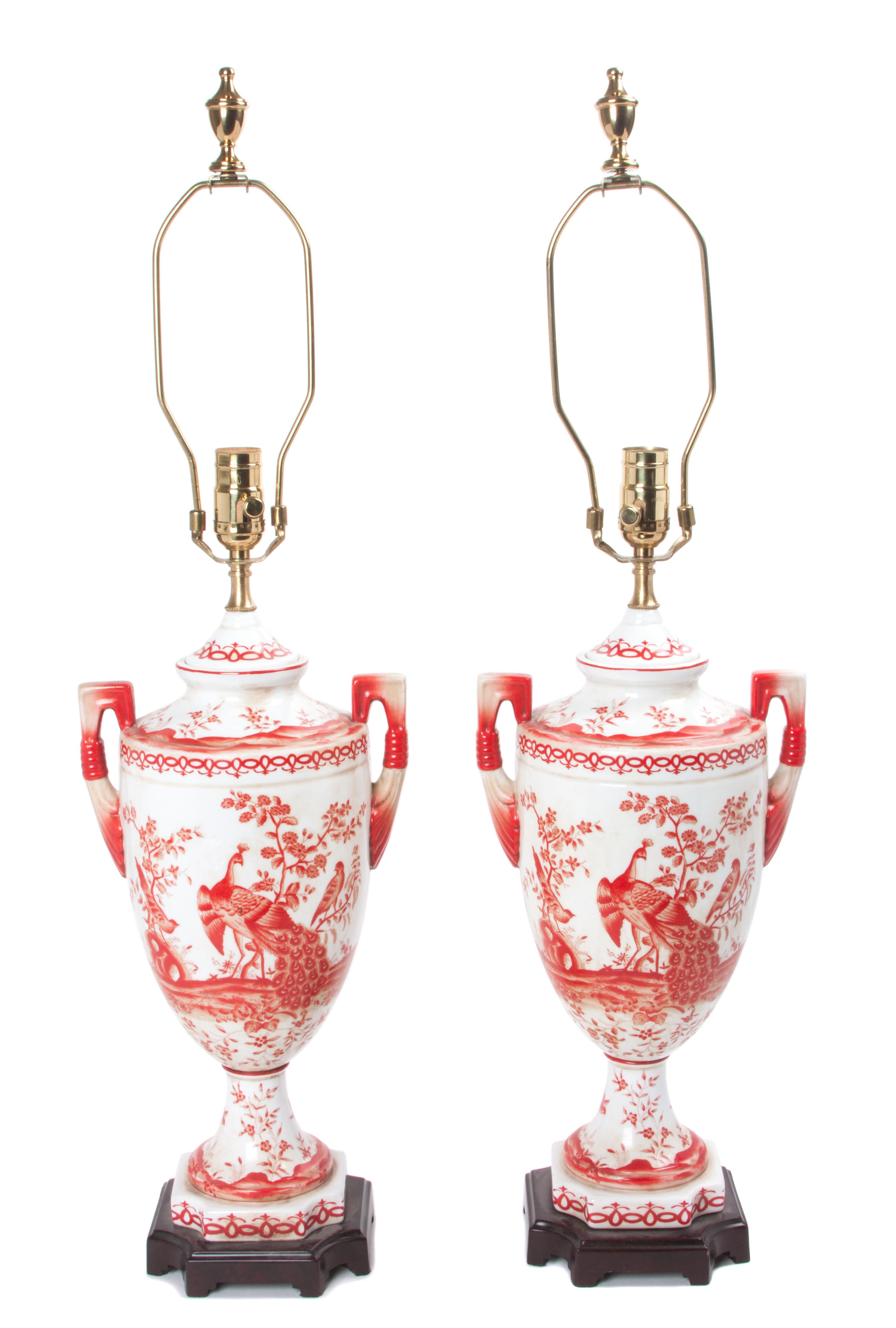 A Pair of Chinese Export Style Porcelain Lamps Height overall 32 1/4 inches.