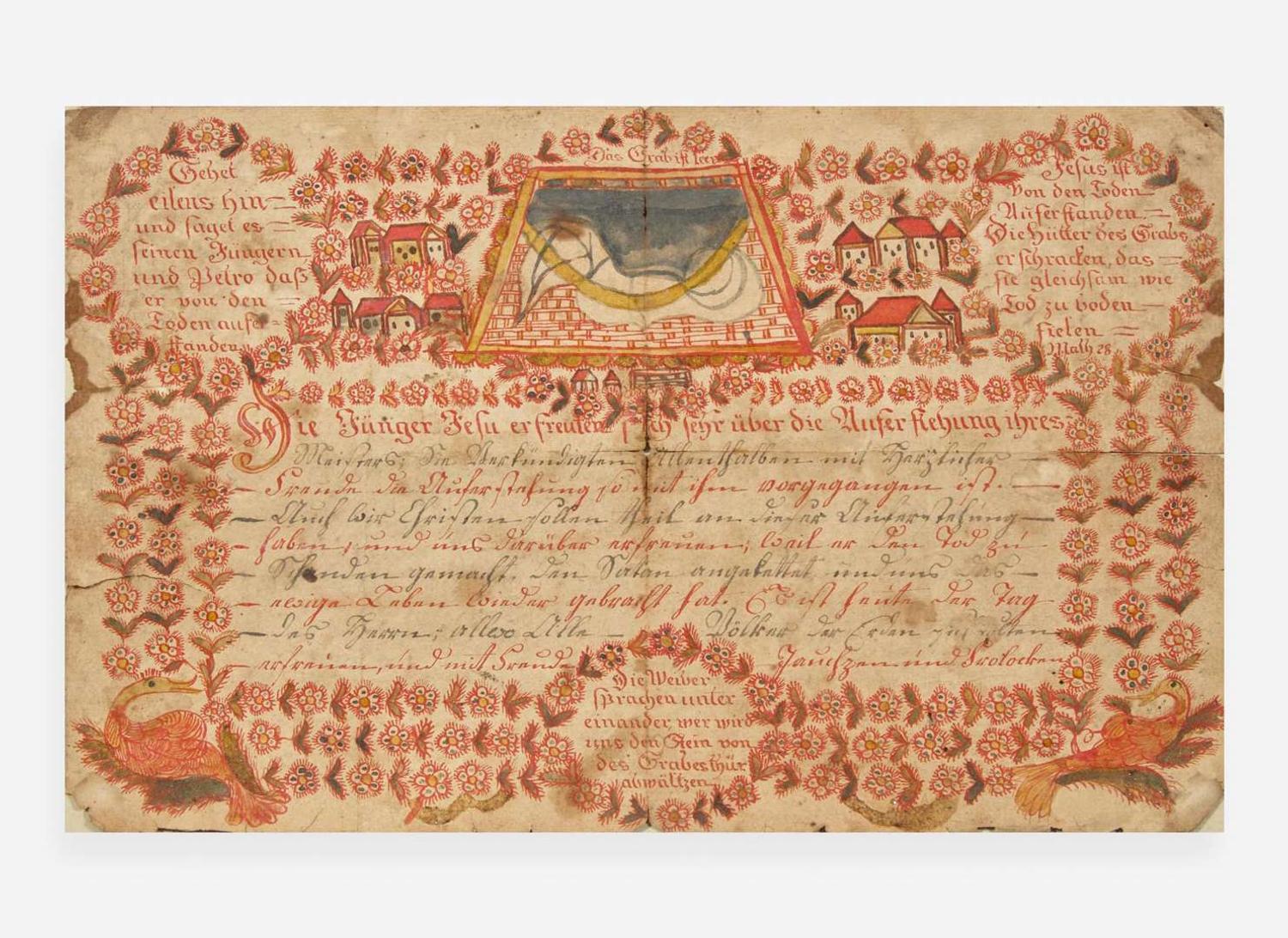 A Frakur birth record decorated with houses