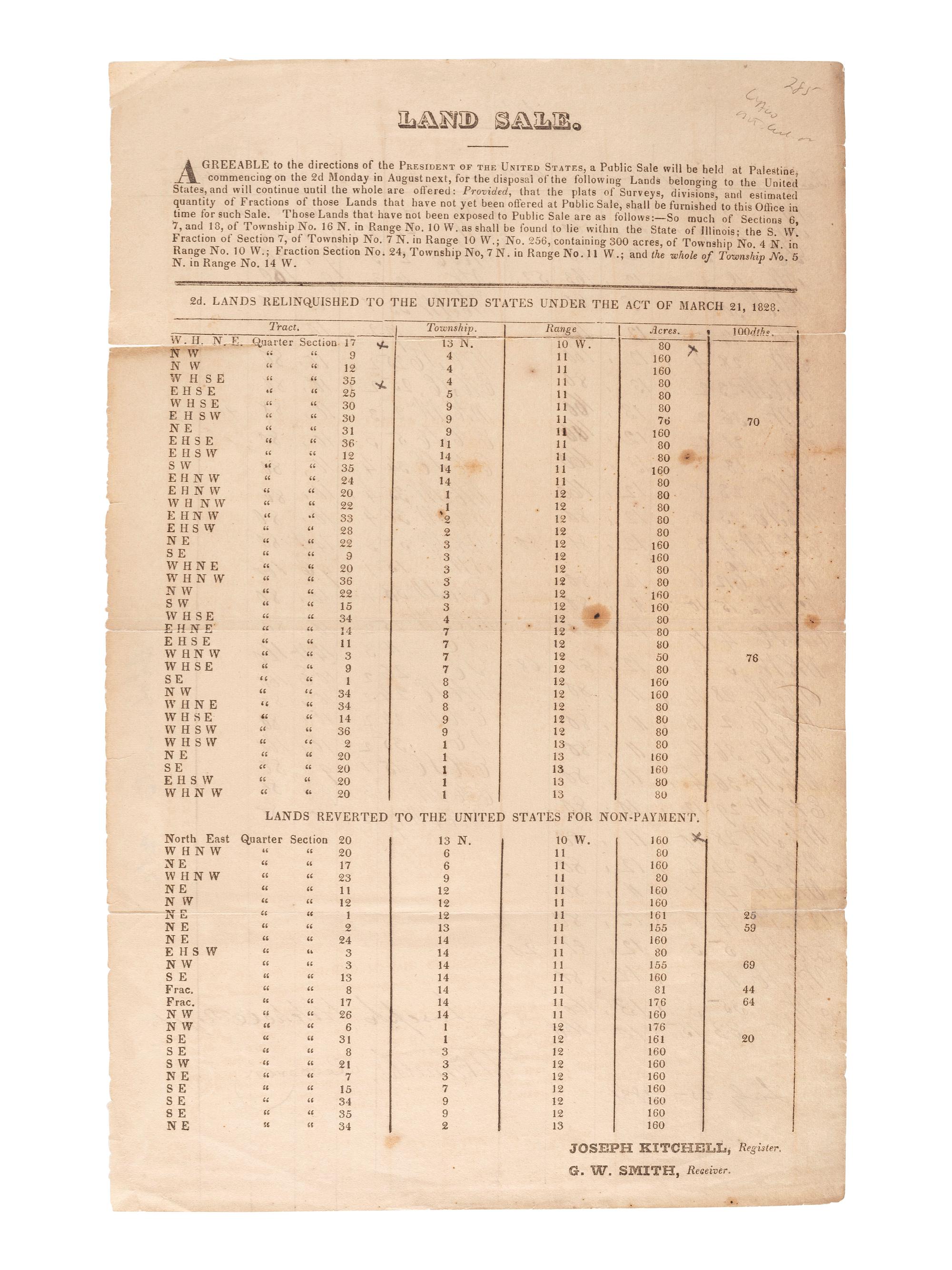 [ILLINOIS]. A group of 5 early Illinois land sale broadsides, comprising: