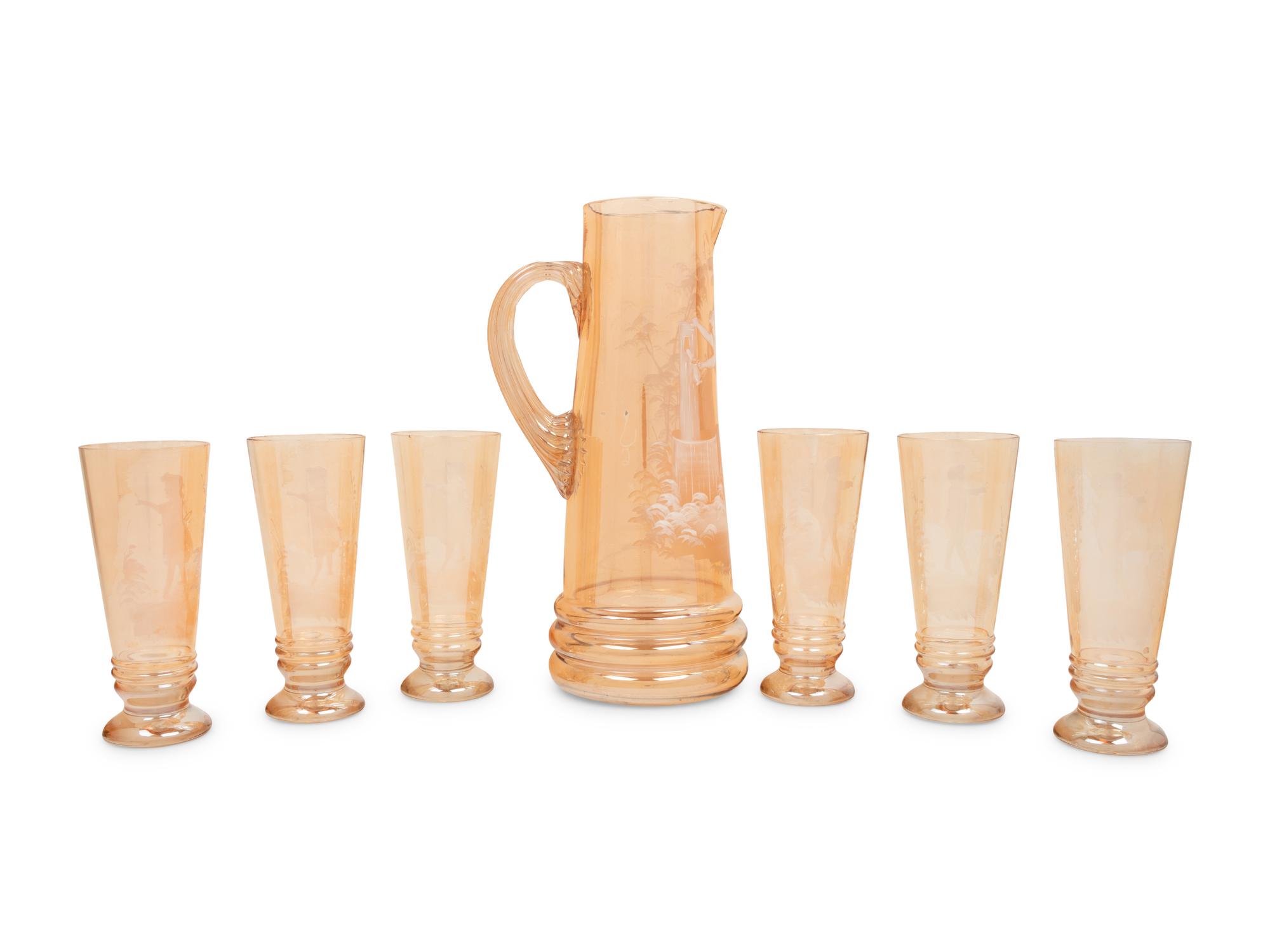 A Bohemian Enameled Glass Pitcher and Six Glasses