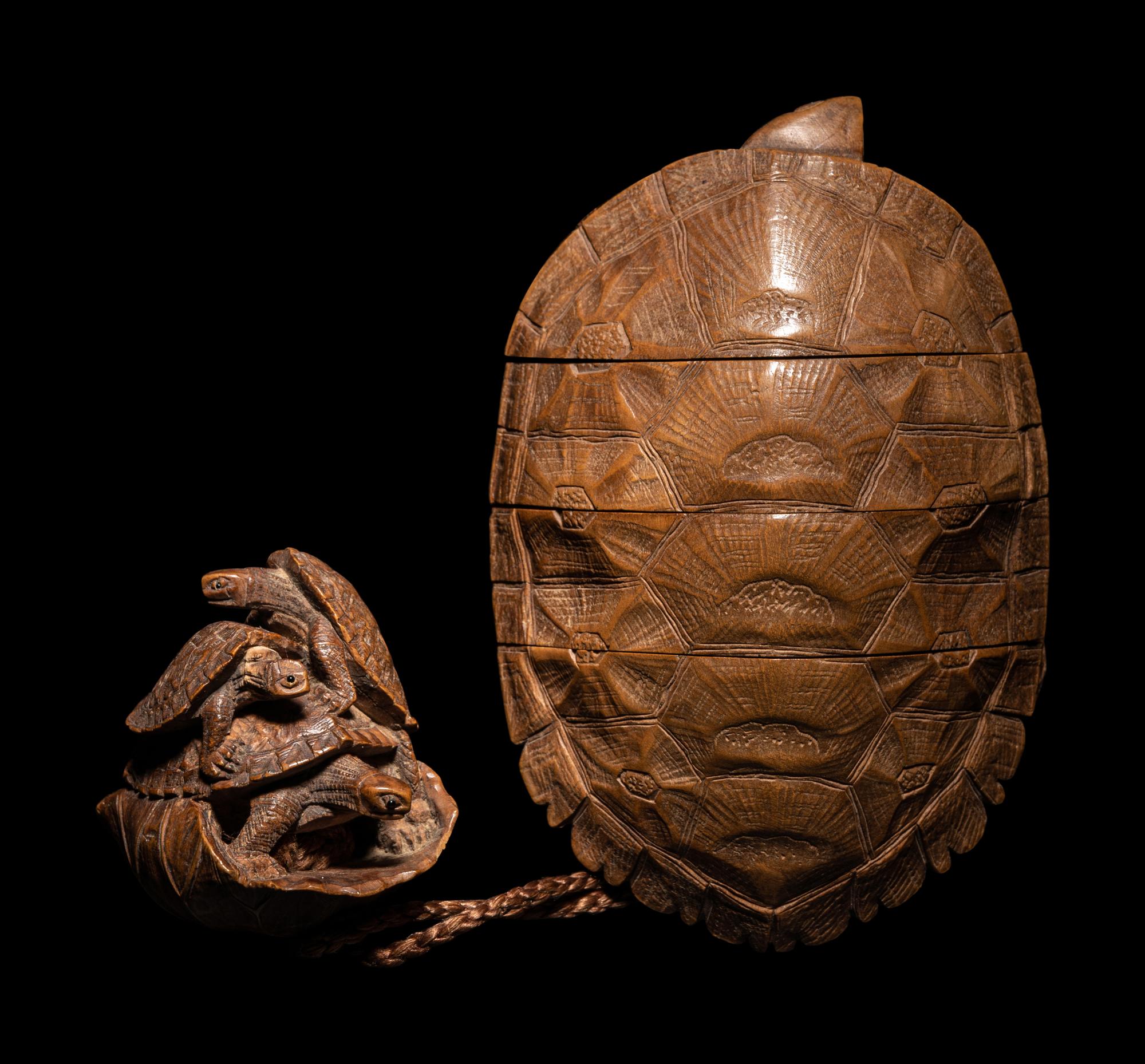 A Japanese Terrapin-Form Boxwood Three- Case Inro, Ojime and Netsuke