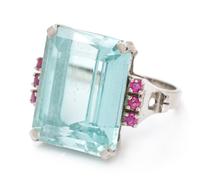 A 14 Karat White Gold, Aquamarine and Ruby Ring, Circa 1940, 6.30 dwts.
