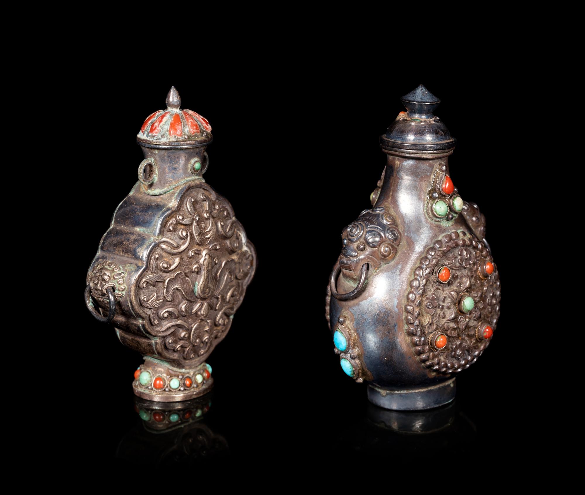 Two Mongolian or Tibetan Hardstone Inset Metal Snuff Bottles