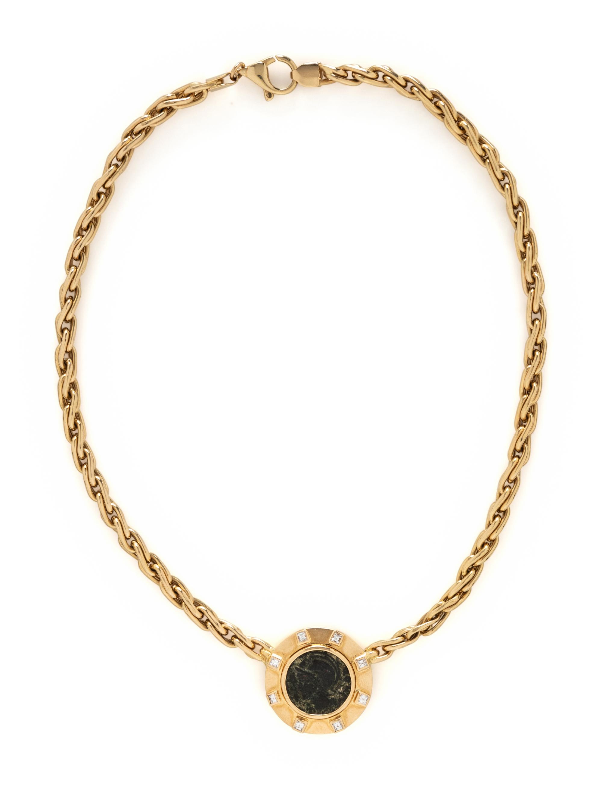 YELLOW GOLD, COIN, AND DIAMOND NECKLACE